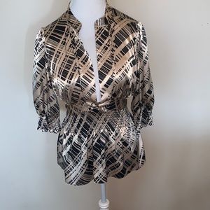 BCBGMaxazria good and black cinch waist top with tie back